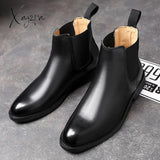 Xajzpa - New Chelsea Boots For Men Black Low-Heeled Business Round Toe Slip-On Shoes With Free