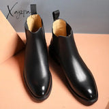 Xajzpa - New Chelsea Boots For Men Black Low-Heeled Business Round Toe Slip-On Shoes With Free