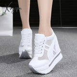 Xajzpa - New Classic Women Mesh Platform Sneakers Trainers White Shoes 10Cm High Heels Wedges