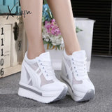 Xajzpa - New Classic Women Mesh Platform Sneakers Trainers White Shoes 10Cm High Heels Wedges