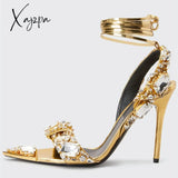 Xajzpa - New Crystal Women Wedding Rhinestone High Heels and Low Heel Ankle Strap Party Pointed Toe Sexy Shoes Candy Color Big Size 43