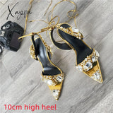 Xajzpa - New Crystal Women Wedding Rhinestone High Heels And Low Heel Ankle Strap Party Pointed Toe