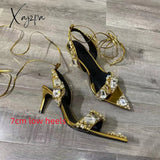 Xajzpa - New Crystal Women Wedding Rhinestone High Heels And Low Heel Ankle Strap Party Pointed Toe