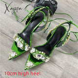 Xajzpa - New Crystal Women Wedding Rhinestone High Heels And Low Heel Ankle Strap Party Pointed Toe