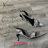 Xajzpa - New Crystal Women Wedding Rhinestone High Heels And Low Heel Ankle Strap Party Pointed Toe