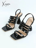 Xajzpa - New Design Square Toe Sandals Ladies Fashion Solid Black Patent Leather Elastic Back Strap