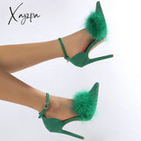 Xajzpa - New Design Womens Sandals Fashion Fuzzy Feather Summer Thin Heels Sexy Pointed Toe