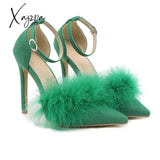 Xajzpa - New Design Womens Sandals Fashion Fuzzy Feather Summer Thin Heels Sexy Pointed Toe