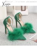 Xajzpa - New Design Womens Sandals Fashion Fuzzy Feather Summer Thin Heels Sexy Pointed Toe