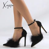 Xajzpa - New Design Womens Sandals Fashion Fuzzy Feather Summer Thin Heels Sexy Pointed Toe