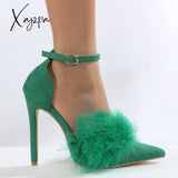 Xajzpa - New Design Womens Sandals Fashion Fuzzy Feather Summer Thin Heels Sexy Pointed Toe