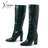 Xajzpa - New Fashion Boots Women Shoes PU Solid Color Pointed Toe Thick Heel Cracked Knee-Length Fashion Party Catwalk Tall Boots