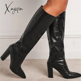 Xajzpa - New Fashion Boots Women Shoes Pu Solid Color Pointed Toe Thick Heel Cracked Knee-Length