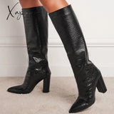 Xajzpa - New Fashion Boots Women Shoes Pu Solid Color Pointed Toe Thick Heel Cracked Knee-Length