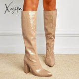 Xajzpa - New Fashion Boots Women Shoes Pu Solid Color Pointed Toe Thick Heel Cracked Knee-Length