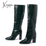 Xajzpa - New Fashion Boots Women Shoes Pu Solid Color Pointed Toe Thick Heel Cracked Knee-Length