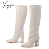 Xajzpa - New Fashion Boots Women Shoes Pu Solid Color Pointed Toe Thick Heel Cracked Knee-Length
