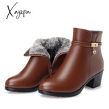 Xajzpa - NEW Fashion Soft Leather Women Ankle Boots High Heels Zipper Shoes Warm Fur Winter Boots for Women Plus Size 35-43