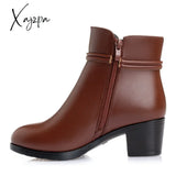 Xajzpa - New Fashion Soft Leather Women Ankle Boots High Heels Zipper Shoes Warm Fur Winter For