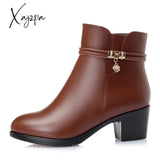 Xajzpa - New Fashion Soft Leather Women Ankle Boots High Heels Zipper Shoes Warm Fur Winter For