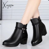 Xajzpa - New Fashion Soft Leather Women Ankle Boots High Heels Zipper Shoes Warm Fur Winter For