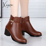 Xajzpa - New Fashion Soft Leather Women Ankle Boots High Heels Zipper Shoes Warm Fur Winter For