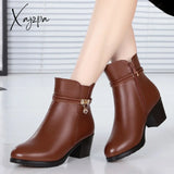 Xajzpa - New Fashion Soft Leather Women Ankle Boots High Heels Zipper Shoes Warm Fur Winter For