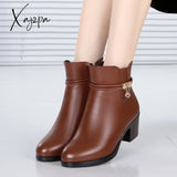 Xajzpa - New Fashion Soft Leather Women Ankle Boots High Heels Zipper Shoes Warm Fur Winter For