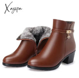 Xajzpa - New Fashion Soft Leather Women Ankle Boots High Heels Zipper Shoes Warm Fur Winter For