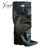 Xajzpa - New Fashion Trouser Leg Boot Crocodile Print Wedges High-Heel Knee Length Knight Boots Big