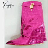 Xajzpa - New Fashion Trouser Leg Boot Crocodile Print Wedges High-Heel Knee Length Knight Boots Big