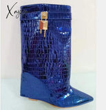 Xajzpa - New Fashion Trouser Leg Boot Crocodile Print Wedges High-Heel Knee Length Knight Boots Big