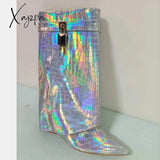 Xajzpa - New Fashion Trouser Leg Boot Crocodile Print Wedges High-Heel Knee Length Knight Boots Big