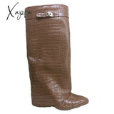 Xajzpa - New Fashion Trouser Leg Boot Crocodile Print Wedges High-Heel Knee Length Knight Boots Big