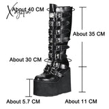 Xajzpa - New Female Fashion Metal Gothic Platform Boots Punk Cosplay Wedges High Heels Women Knee