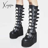 Xajzpa - New Female Fashion Metal Gothic Platform Boots Punk Cosplay Wedges High Heels Women Knee