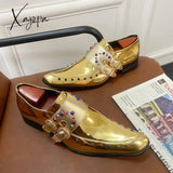 Xajzpa - New Gold Double Buckle Wedding Men Shoes Loafers Rivet Breathable Fashion Handmade Men’s