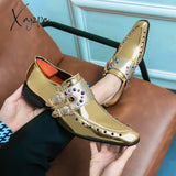 Xajzpa - New Gold Double Buckle Wedding Men Shoes Loafers Rivet Breathable Fashion Handmade Men’s