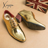 Xajzpa - New Gold Men Dress Shoes Pointed Toe Lace-Up Thick Heel Fashion Men’s Free Shipping