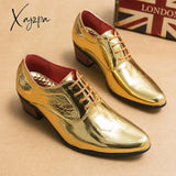 Xajzpa - New Gold Men Dress Shoes Pointed Toe Lace-Up Thick Heel Fashion Men’s Free Shipping