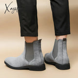 Xajzpa - New Gray Chelsea Boots For Men Flock Business Ankle Cowboy Handmade Size 38-46 Free