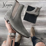 Xajzpa - New Gray Chelsea Boots For Men Flock Business Ankle Cowboy Handmade Size 38-46 Free