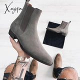 Xajzpa - New Gray Chelsea Boots For Men Flock Business Ankle Cowboy Handmade Size 38-46 Free