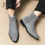 Xajzpa - New Gray Chelsea Boots For Men Flock Business Ankle Cowboy Handmade Size 38-46 Free