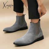 Xajzpa - New Gray Chelsea Boots For Men Flock Business Ankle Cowboy Handmade Size 38-46 Free