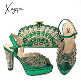 Xajzpa - New Green With Print Desgin Shoes And Evening Bag Set Hot Sale Sandal Handbag Heel Height