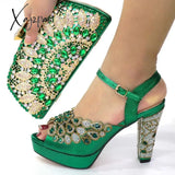 Xajzpa - NEW GREEN With Print Desgin Shoes And Evening Bag Set Hot Sale Sandal Shoes With Handbag  Heel Height 10.5CM