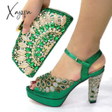 Xajzpa - New Green With Print Desgin Shoes And Evening Bag Set Hot Sale Sandal Handbag Heel Height