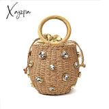 Xajzpa - New Handmade Rhinestone Crystal Embellished Straw Bag Small Bucket Lady Travel Purses And