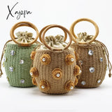 Xajzpa - New Handmade Rhinestone Crystal Embellished Straw Bag Small Bucket Lady Travel Purses And